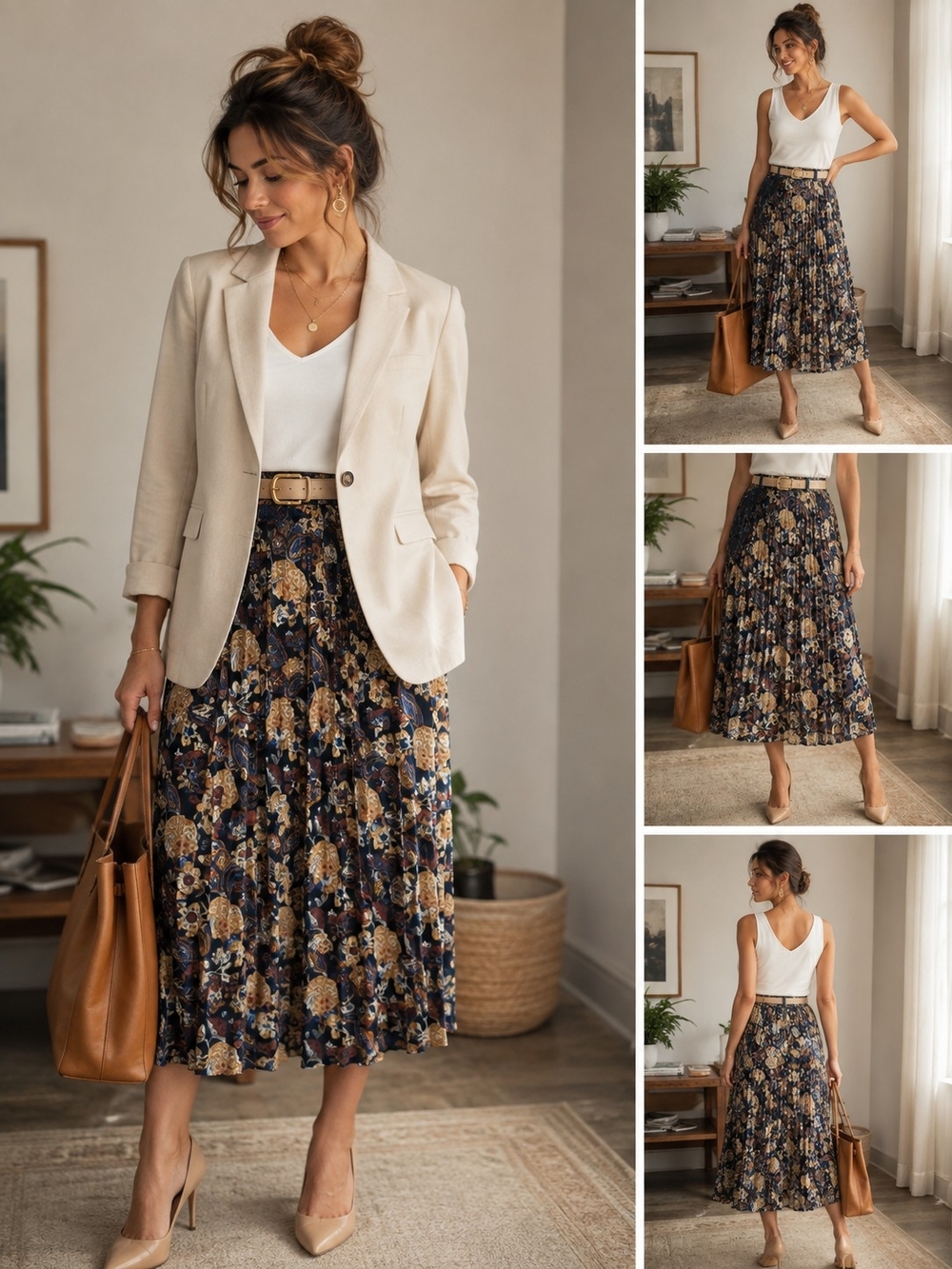 NWOT Vintage Koret Navy Multi Floral Pleated Midi Skirt